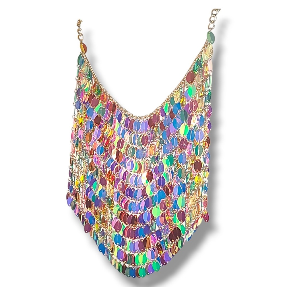 Colorful Sequin Bib Necklace‎ Gold Tone Statement Festival Club Belly Dance
